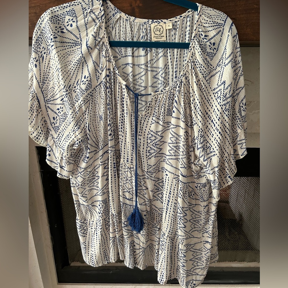 Blue and White Patterned Boho Top-Sz XL